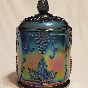 Indiana Blue Iridescent Carnival Harvest Grape Jar with Lid